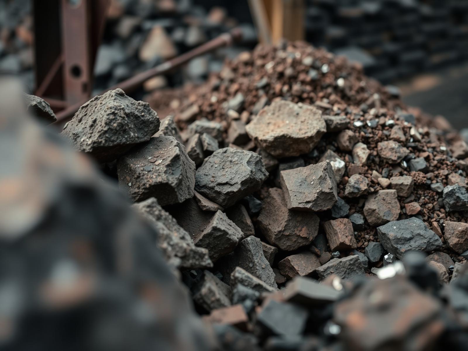 Close-up of raw metal ore at a mining stockyard