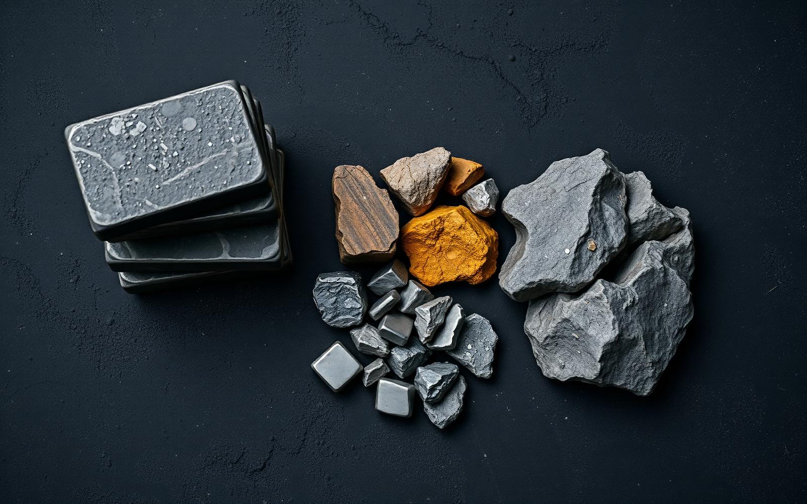 Metal alloy ingots and raw ore samples laid out on a dark surface